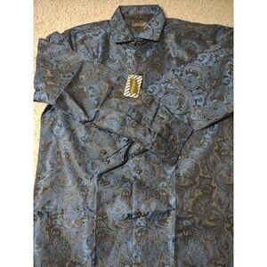 DiBanGu Men Long Sleeve Shirt Blue Paisley Button Down Silk Mix Shirt Sz M